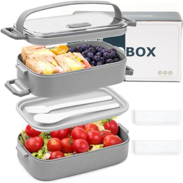 Bugucat Lunchbox 1600ML Bento Box Auslaufsicher Luftdicht Besteckset Grau