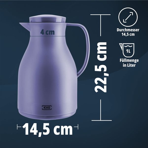 KHG Isolierkanne 1 Liter Marineblau, Quick Press & Drehverschluss, außen Kunststoff matt, innen Glas BPA-frei, Thermoskanne 1l für heiße & kalte Getränke mit präzisem Ausgießer