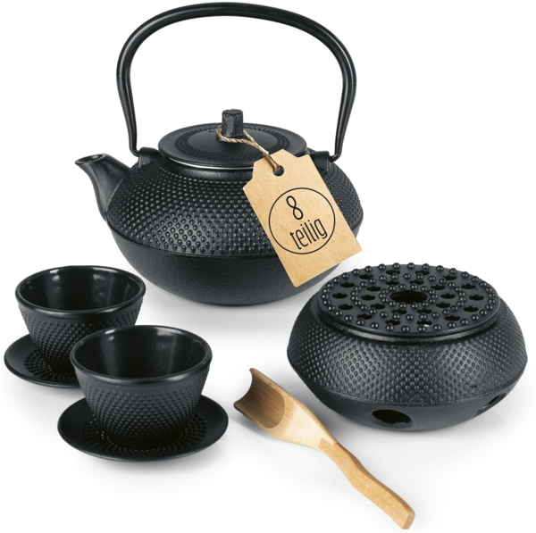 Lumaland Tee Set 8-teilig - 1,4 Liter Gusseiserne Teekanne Tetsubin - Stövchen aus Gusseisen - 2 Teebecher & 2 Untersetzer - Schwarz