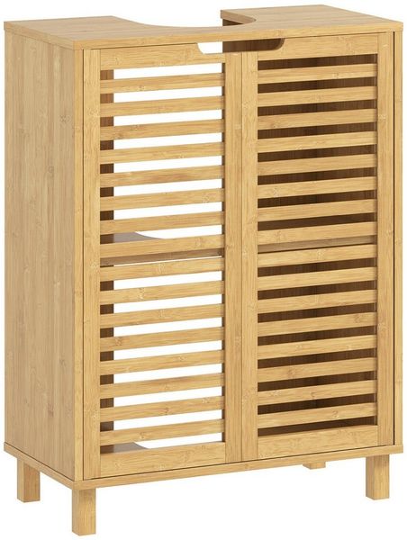 HOMCOM Waschbeckenunterschrank Badezimmer Unterschrank aus Bambus Badezimmerschrank mit 2 Lamellentüren und verstellbarem Einlegeboden, Waschtischunterschrank, Natur, 60 x 30 x 80 cm