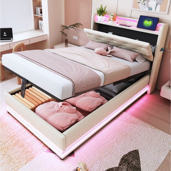 Merax Polsterbett mit LED-Beleuchtung, USB & Type-C Ladeanschlüssen (Leinenstoff, 1-tlg, Jugendbett Einzelbett Mehrzweckbett Stauraumbett mit Handytaschen), Kinderbett mit aufklappbarem Kopfteil,hydraulischem Stauraum & Ablagen