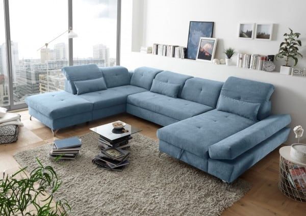 Couch MELFI L Sofa Schlafcouch Wohnlandschaft Schlaffunktion blau denim U-Form links