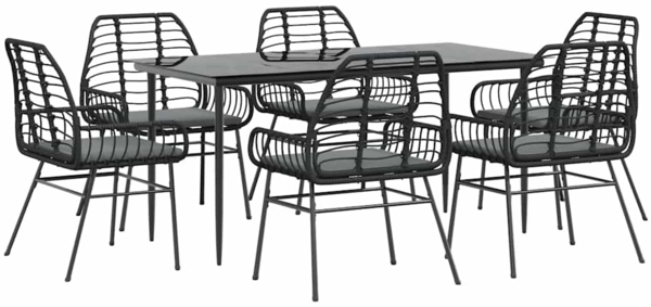 vidaXL 7-tlg. Garten-Essgruppe mit Kissen Schwarz Poly Rattan Glas 3334454