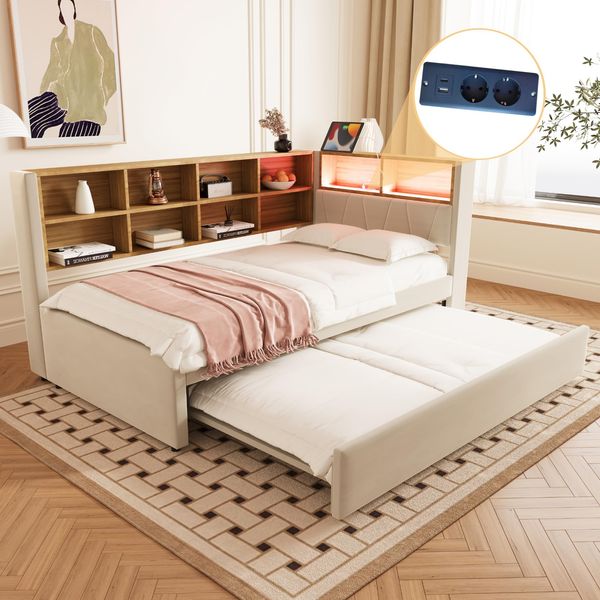 Ball & Cast Schlafsofa (90x200 cm & 90 * 190cm) Tagesbett mit USB-Anschlüssen und Leuchten, Einzelbett mit Mehreren Ablagefächern, Ohne Matratze, Beige