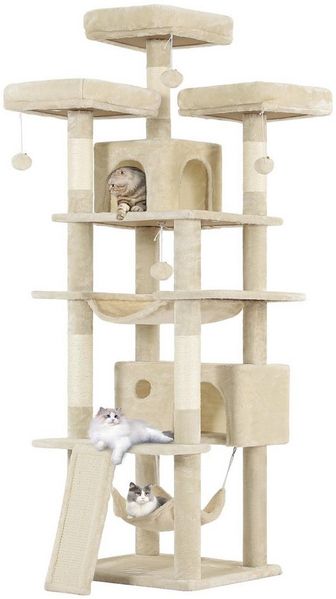 MSMASK Kratzbaum groß Katzenbaum, mit 3 Plattformen, 2 Höhlen, 194 cm hoch, XXL, 2 Hängematte, Katzenkratzbaum mit Kratzbrett