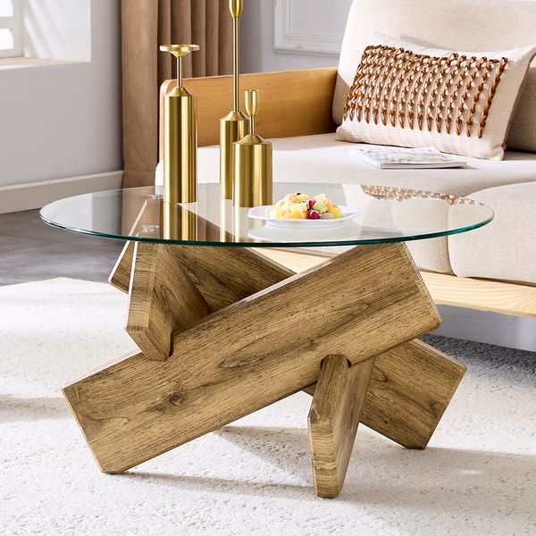 Couchtisch rund 79x79 x H 45 cm mit Glasplatte, MDF in Holzoptik und Kreuzgestell