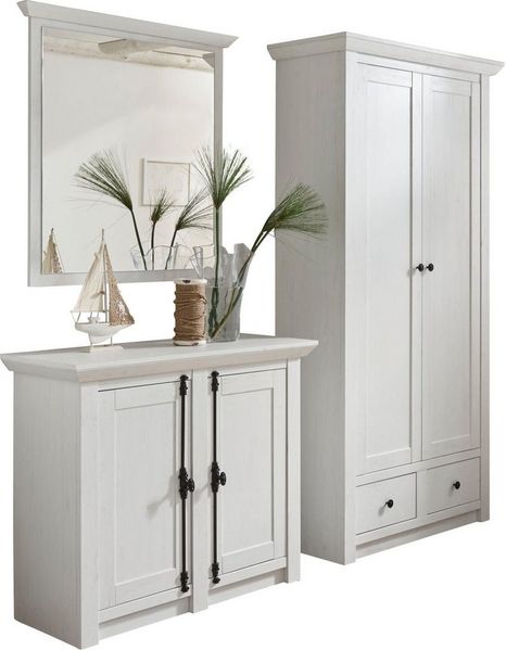 Home affaire Garderoben-Set California, Komplettset im Landhausstil, moderne Garderobe, (Set, 3-St), enthält Garderobenschrank, Spiegel und Kommode, 220 cm breit