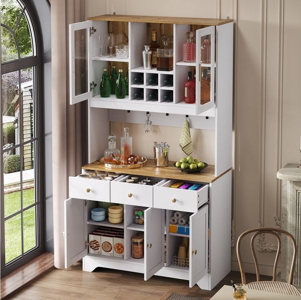 REDOM Küchenbuffet mit weißer und brauner Holzmaserung (Highboard, Standvitrine, 1-St, mit Glastüren,Soft-Close-Scharnieren) mit 5 Türen und 3 Schubladen
