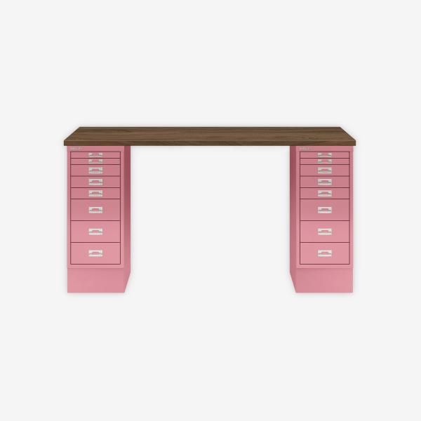 MultiDesk, 2 MultiDrawer mit 8 Schüben, Dekor Nussbaum, Farbe Pink, Maße: H 740 x B 1400 x T 600 mm