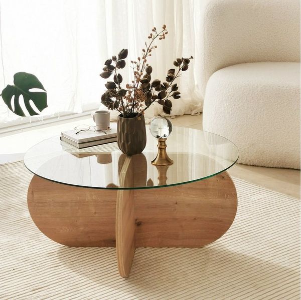 Skye Decor Couchtisch Boho Design (1 Glastisch), Modernes Kreuzgestell-Design, Gehärtetes Sicherheitsglas