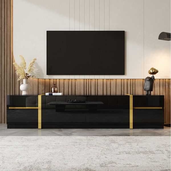MODFU TV-Schrank Hochglanz-TV-Ständer 180 x 40 x 38 cm, goldene Akzente (Packung, 1-St, Kombination aus Schubladen & Fächern, geräumig) Stilvolles Wohnzimmermöbel mit edlem Finish