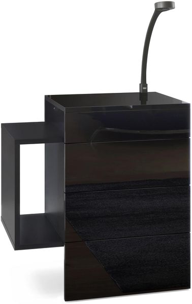 Vladon Nachttisch Queens, Nachttischschrank mit 2 Schubladen und 1 seitlichem Fach zur Wandmontage, Schwarz matt/Schwarz Hochglanz, inkl. LED Flexi Lampe schwarz (60 x 63 x 36 cm)