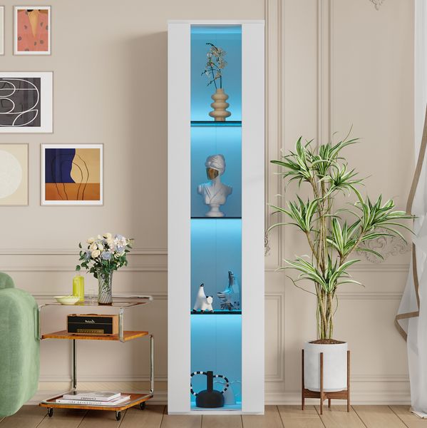 Weiße Vitrine mit LED-Farblicht & Glastüren, 40x29x170 cm