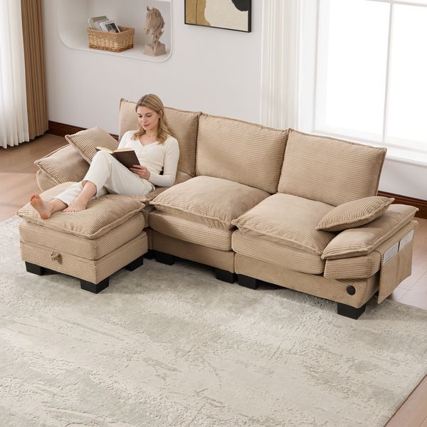 3-Sitzer Sofa aus Cord 260x132x84 cm mit Hocker & USB-C-Anschluss, beige