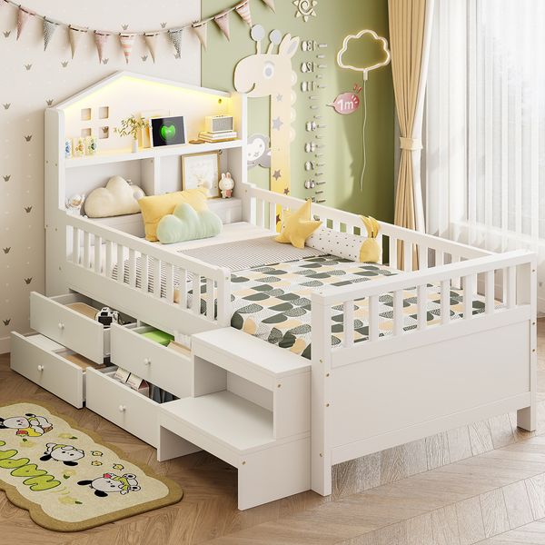 Kinderbett 90 x 200 cm, Mit Sicherheitsgitter,Mit vier Schubladenlager,mit Schritten,mit LED-Leuchten,mit USB- und Typ-C-Ladeanschlüssen, Massivholzbett mit Lattenrost, Einzelbett, Weiß