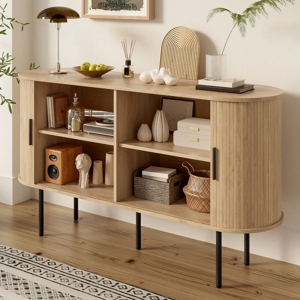 STILVORA Sideboard mit Schiebetüren,Aufbewahrungsschrank Beistellschrank mit Eisenbeinen (Kommode, Anrichte, Buffetschrank, 1 St, Aluminiumgriffen, Eisenbeinen), mit Rolljalousie-Türen