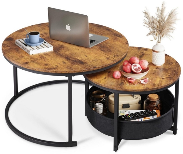 WLIVE Couchtisch Couchtisch 2er‑Satztisch rund mit Stauraum, (Beistelltisch mit Stoffkorb & Metallgestell, Holzoptik, 2er Set), 2 in 1 Verschachtelung