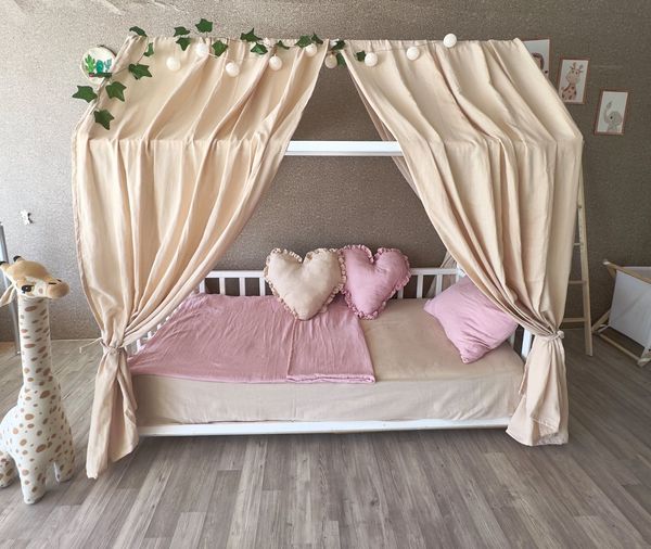 Baby Fancyroom Betthimmel Betthimmel beige Musselin Hausbett Kinderbett 320cm 360cm Montessori (2-tlg. Set mit Schlaufen, Baldachin, Kinder Betthimmel Baldachin Himmel Deko Set), Betthimmel für Hausbett Montessori