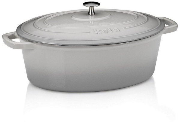 kela Bräter Gusseisen oval 4 Liter, Dutch Oven CALIDO, Induktion Gussbräter mit Deckel, Gusseisen Topf Brot backen, emailliert, hellgrau