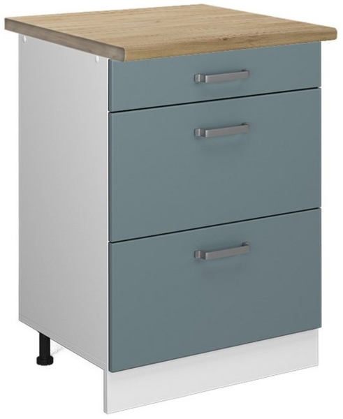 Küchenunterschrank R-Line Blau-Grau 60 cm mit Schubladen, AP Eiche Vicco