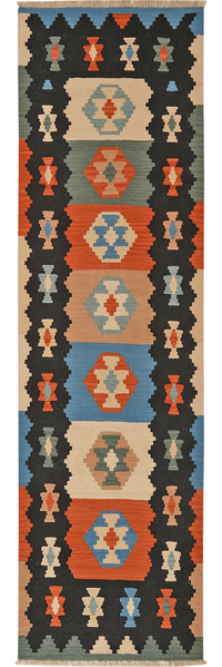 Looma 'Hamoun' Kelim Gashgai handgewebt, Schurwolle Schwarz, 85x295 cm