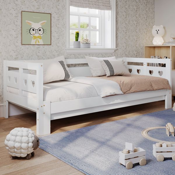 Daybett 90x190 cm aus Kiefernholz & MDF – ausziehbares Tagesbett in Weiß mit Herzform