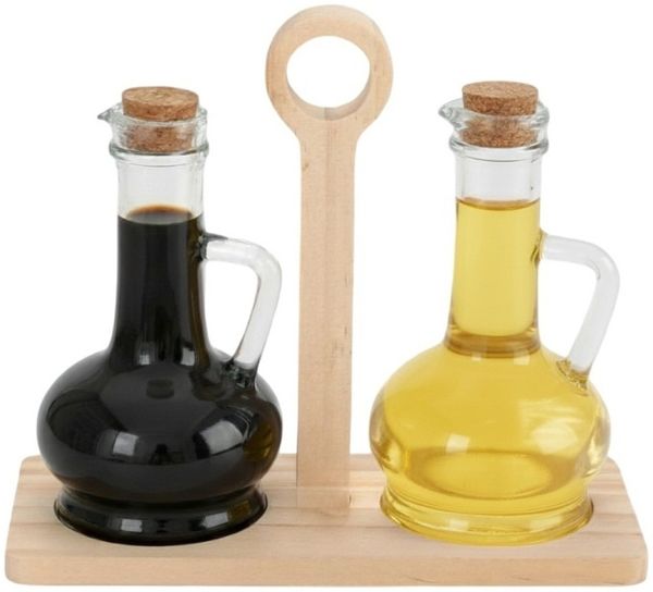 Glas-Essig-Öl-Spender im Holzständer - Set mit 2 Karaffen & Korkverschluss