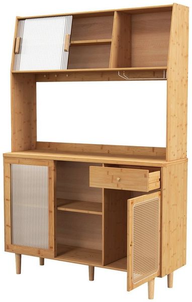 COSTWAY Küchenbuffet mit Aufsatz, Schublade & Haken, Bambus 120x35x175cm