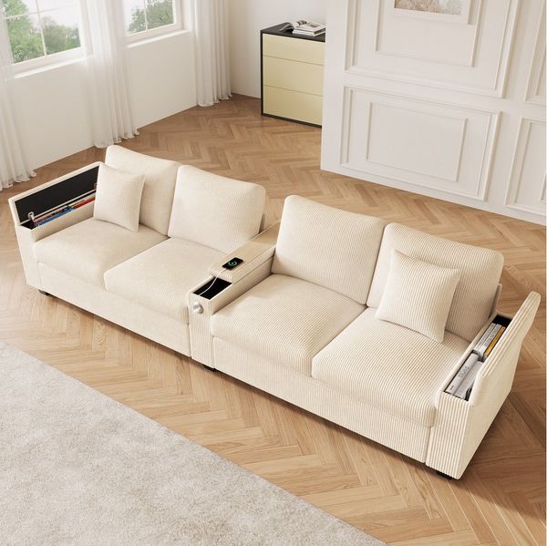 Merax 4-Sitzer Cord Sofa mit USB & USB-C, 1 Teile, Cordsofa mit 2 Zierkissen, klappbarer Mittelarmlehne & Stauraum