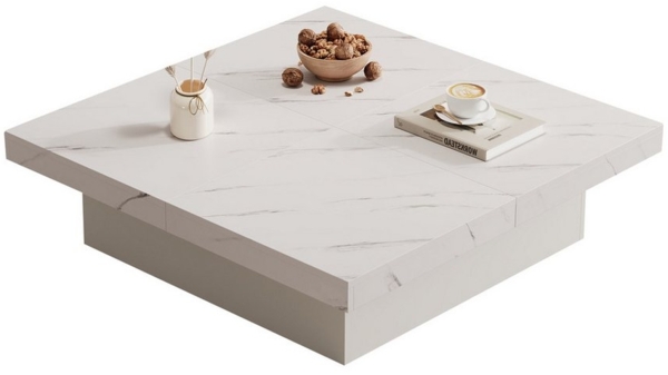 OKWISH Couchtisch Quadratischer Beistelltisch (Satztisch, Beistelltisch, Wohnzimmertisch, 1-St, 4 Speicherplatz), mit Marmor-Optik, Schiebbarer Tischplatte