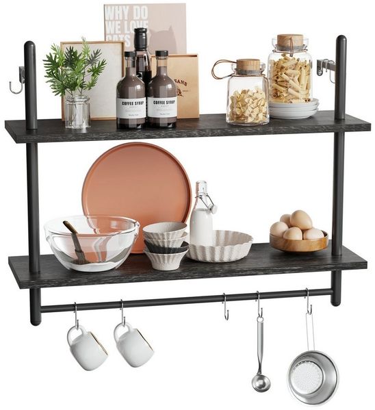 Bestier Wandregal Wandboard Holz, Küchenregal, Wandregal Badezimmer Metall, Schwebendes Regal Wandmontage, Bücherregal mit Handtuchhalter und Haken, Kaffeebar Regal, Weinhalter, Wohnzimmer Deko