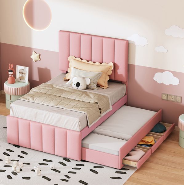 Polsterbett 90x200 cm Mit Ausziehbett Und 3 Schubladen Multifunktionsbett Mit Höhenverstellbarem Kopfteil Kinderbett Gästebett Mit Stauraum In Rosa