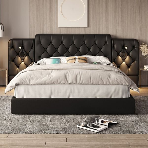 REDOM Polsterbett mit Leselampen, USB-Anschlüssen und hydraulischem Hebesystem (Kinderbett Funktionsbett Doppelbett Stauraumbett, extra Stauraum und stilvolles Kopfteil für Schlafzimmer, 180x200 cm), Ohne Matratze