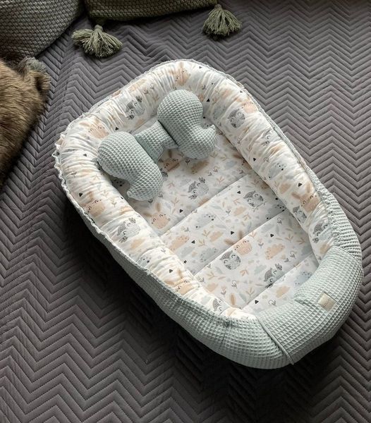 Loolay Bettnestchen Minze WAFFELPIQUE/ HASE Beige Weiß Babynest Babyausstattung, (Reisebett Nestchen SOLO/ o. in PREMIUM Geschenk SETS für Neugeborene, 2-tlg, 4 Jahreszeiten ATMUNGSAKTIVER WAFFELSTOFF Bestseller GESCHENK), LOOLAY® - 100% Europäische St...