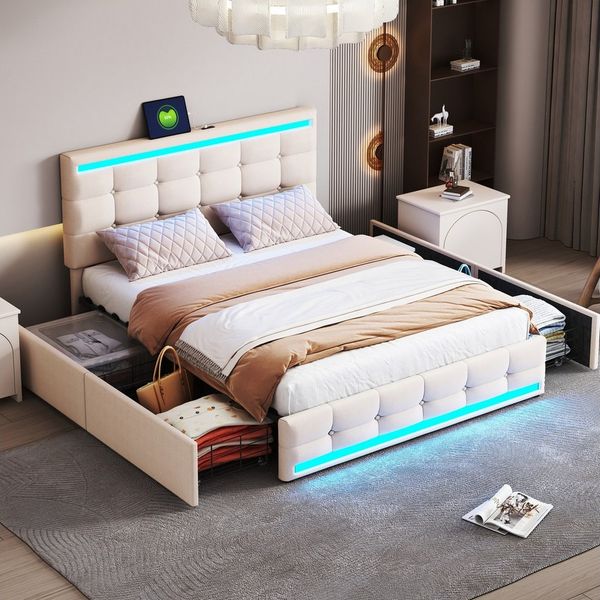 Flieks Polsterbett, LED Doppelbett 4 Schubladen 2 USB-Anschluss 140x200cm Leinen