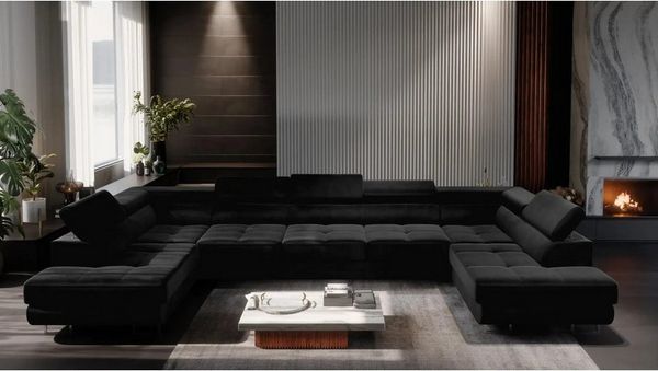 Muffo Ecksofa WILD MAXI U2, Schlaffunktion, verstellbare Kopfstützen, Hohe Metallfüße, 2x Bettzeug-Container, Symmetrische Möbel