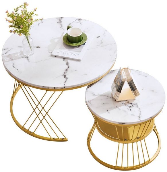 BlingBin Couchtisch Beistelltisch Wohnzimmertisch (Hochglänzendes Couchtisch-Set, 2-St, Marmoroberflächen und offene Stauräume), 70 x 70 x 47 cm + 45 x 45 x 40 cm, Gold + Weiß