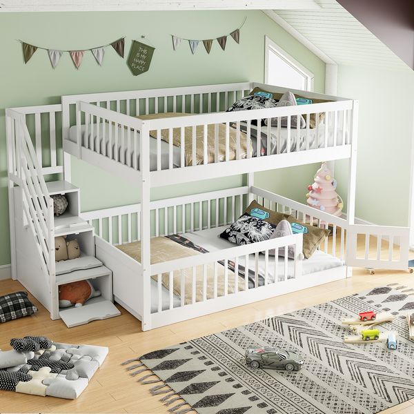Merax Etagenbett 140 x200cm Kinderbett Doppelbett mit Sicherheitstreppe und Schubladen, weißes Holzeinzelbett mit Stauraumbett für Kinder, Jugendliche