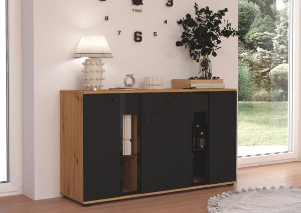 Kommode Salsa 2 Lamellenoptik Anbauwand Wohnwand Sideboard MDF Schwarz + Artisan