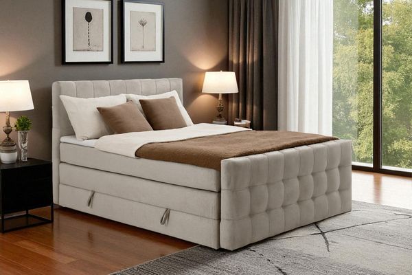 MEBLINI King Boxspringbett IGA 140x200 cm mit Bettkasten - H3/Beige Samt Polsterbett - Gepolstert Doppelbett mit Matratze und Topper - Polsterbett mit Stauraum - Bett mit Kopfteil – Stauraumbett