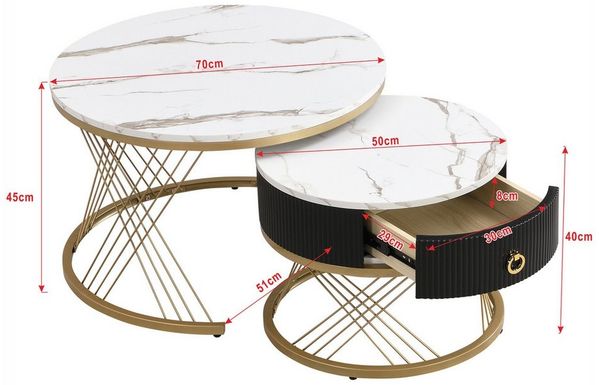 Furnishings Home Couchtisch Sofatisch Marmoroptik Beistelltisch mit Schubladen – 2er-Set (2-St), Goldmetallischen 70*70*45 cm 50*50*40 cm