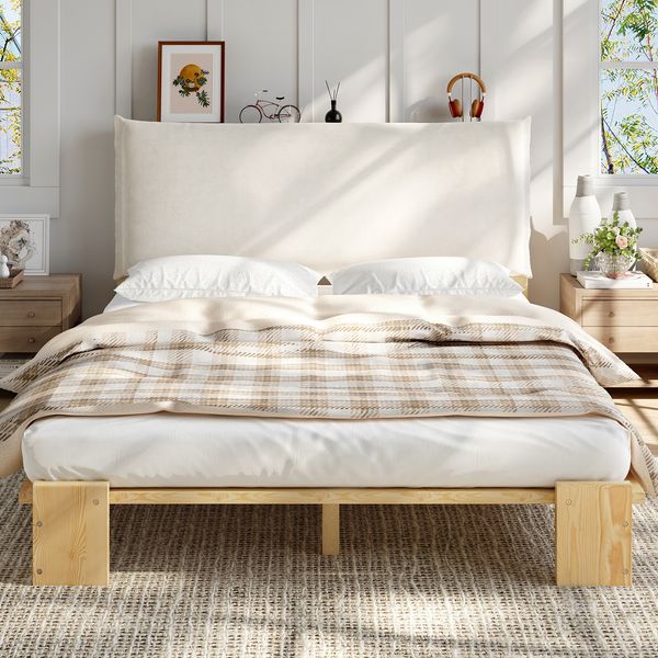 Merax Doppelbett, Polsterbett, 140x200cm Kinderbett, Gepolsterte Ruckenlehne mit Klettverschluss, Stabile Lattenroste, Breitere Bettbeine, Kiefer+Schwamm+Sperrholz, Natur