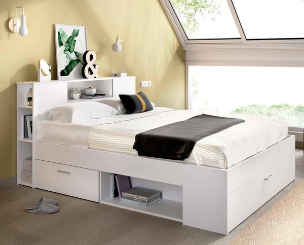 Dmora - Doppelbett Fariola, Struktur des Container-Betts, Sommier mit Verkleidung, Matratzenhalterstruktur, 150x219 h95 cm, Weiß