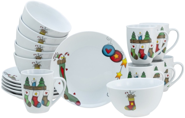 CreaTable Frühstücks-Geschirrset Luna Socken, Frühstücksset 18-tlg (18-tlg), 6 Personen, Porzellan, Winterlicher Dekor mit lustigen Sockenmotiven