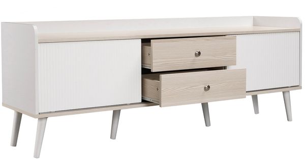TV-Schrank 160 x 40 x 58 cm aus Spanplatte E1, Weiß/Holzoptik, mit Schiebetüren & Schubladen Bild 9