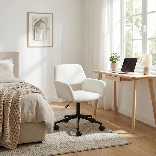 39F Furniture Dream Modern Swivel Bedroom Chair with Armrests, Height Adjustable Fabric Chair, Beige, 56.5 x 57.5 x 76-86cm