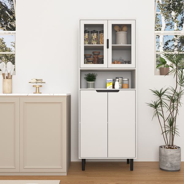 Kommode hoch, weiß mit Glastüren, MDF-Aufbewahrungsschrank für Wohnzimmer und Bad，60*35*160 cm
