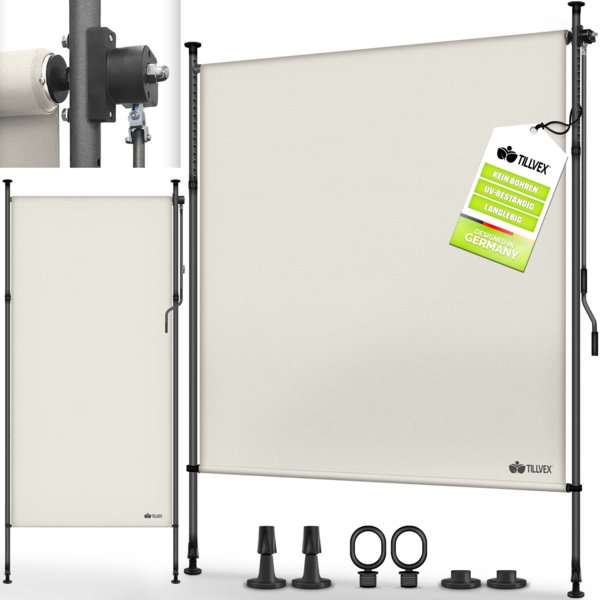 tillvex® Klemmmarkise Senkrechtmarkise 100x310cm Beige mit Handkurbel ohne Bohren | Sichtschutz Ausziehbar & Blickdicht | Vertikalmarkise Balkon Terrasse Garten | Sichtschutzrollo Wetterfest