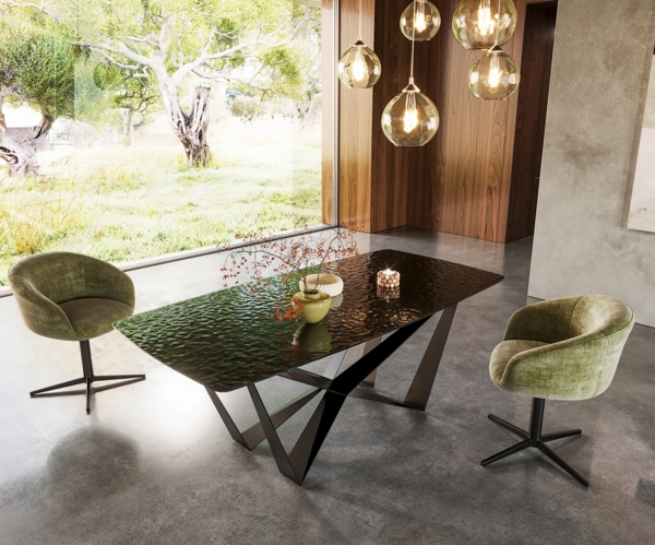 Esstisch Edge Boot 200x100 Reliefglas Rauchschwarz 3D-Design Spider Flachstahl Schwarz