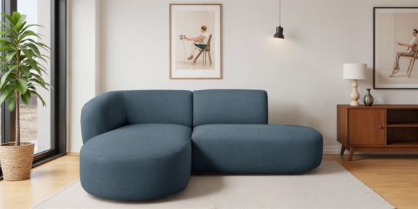 Ecksofa Designersofa BABETTE in Stoff Lins Blau Ottomane Links
